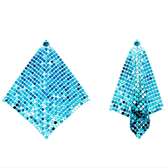 Blue Mesh Chain Dangle Earrings Drop Metal Cute Beautiful Statement Accessory - Picture 8 of 8